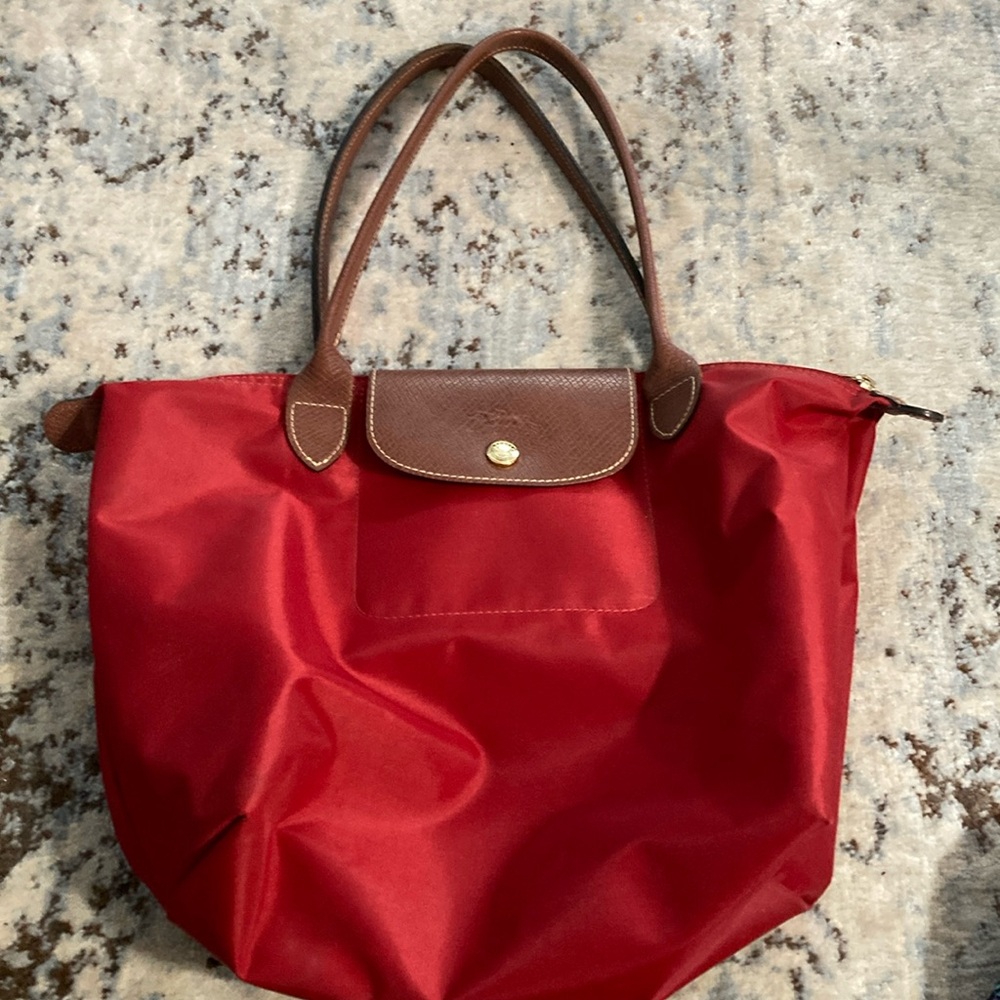 Longchamp Red and Brown Leather Accent Tote Bag